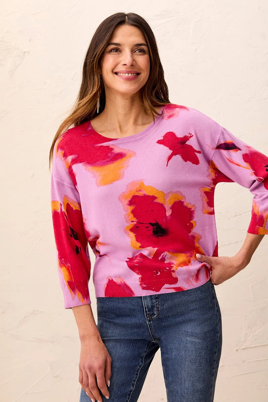 Tribal Soft Yarn Three-Quarter Sleeve Crewneck Sweater