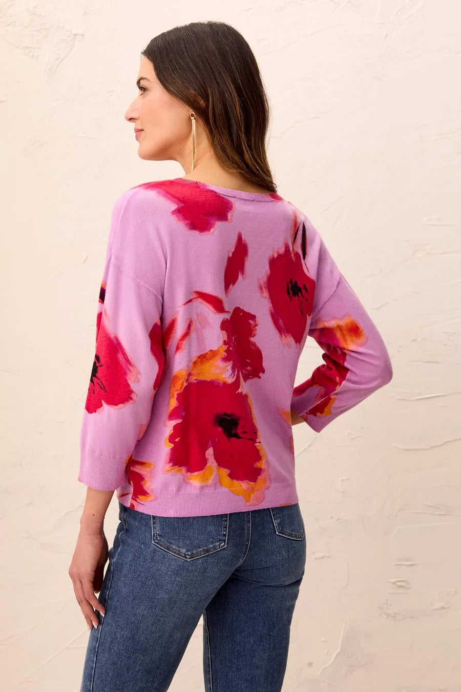 Tribal Soft Yarn Three-Quarter Sleeve Crewneck Sweater