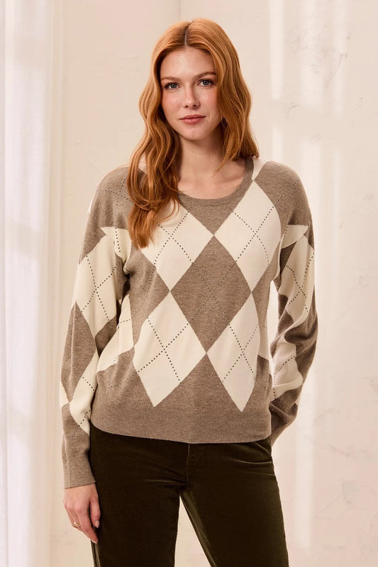 Tribal Studded Argyle Crew Neck Sweater
