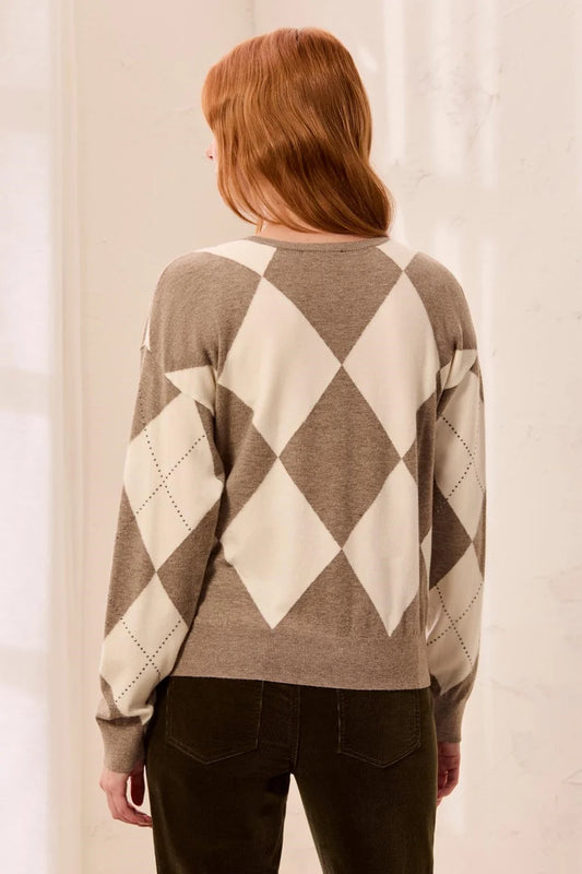 Tribal Studded Argyle Crew Neck Sweater