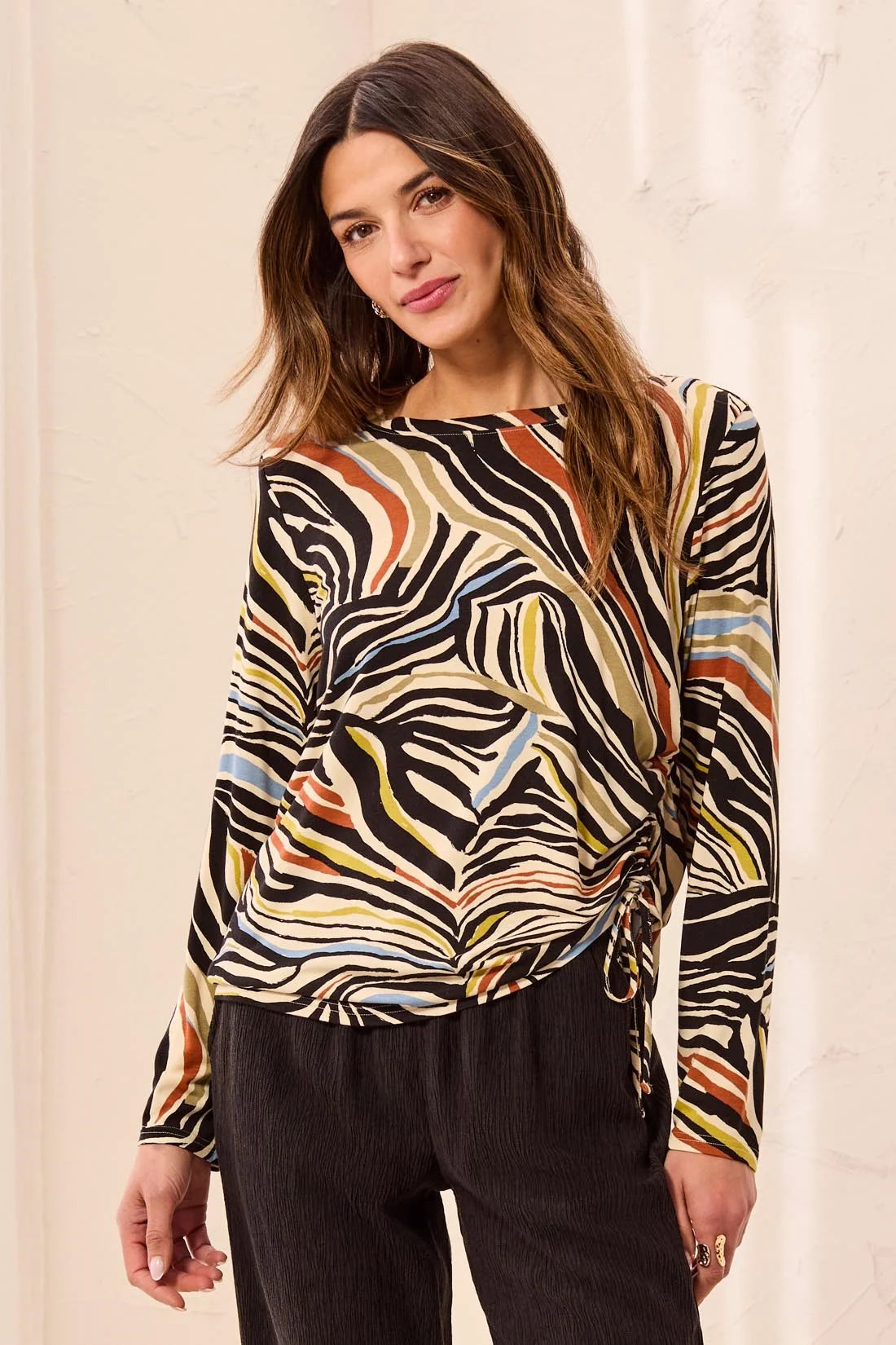 Tribal Ultra-Soft Long Sleeve Crew Neck Knit Top with Side Ruching