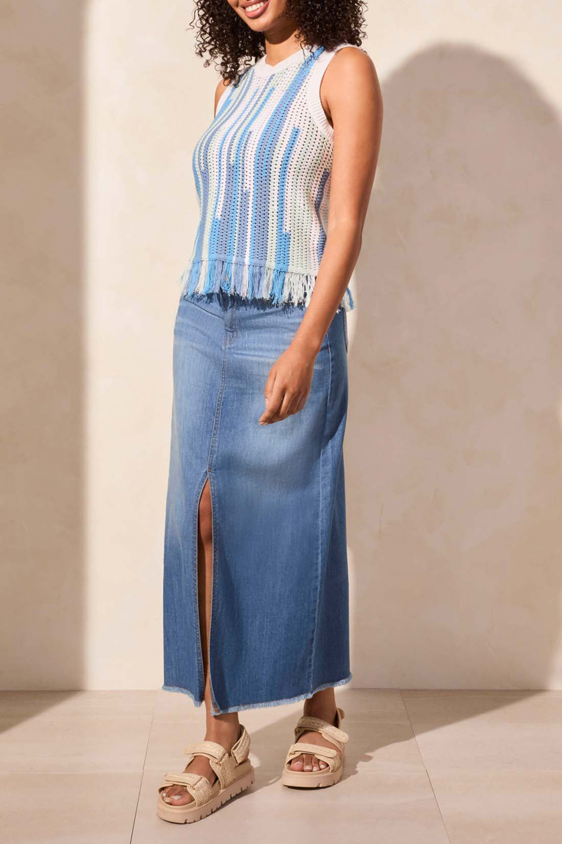 Tribal Crew Neck Fringed Hem Sweater Cami