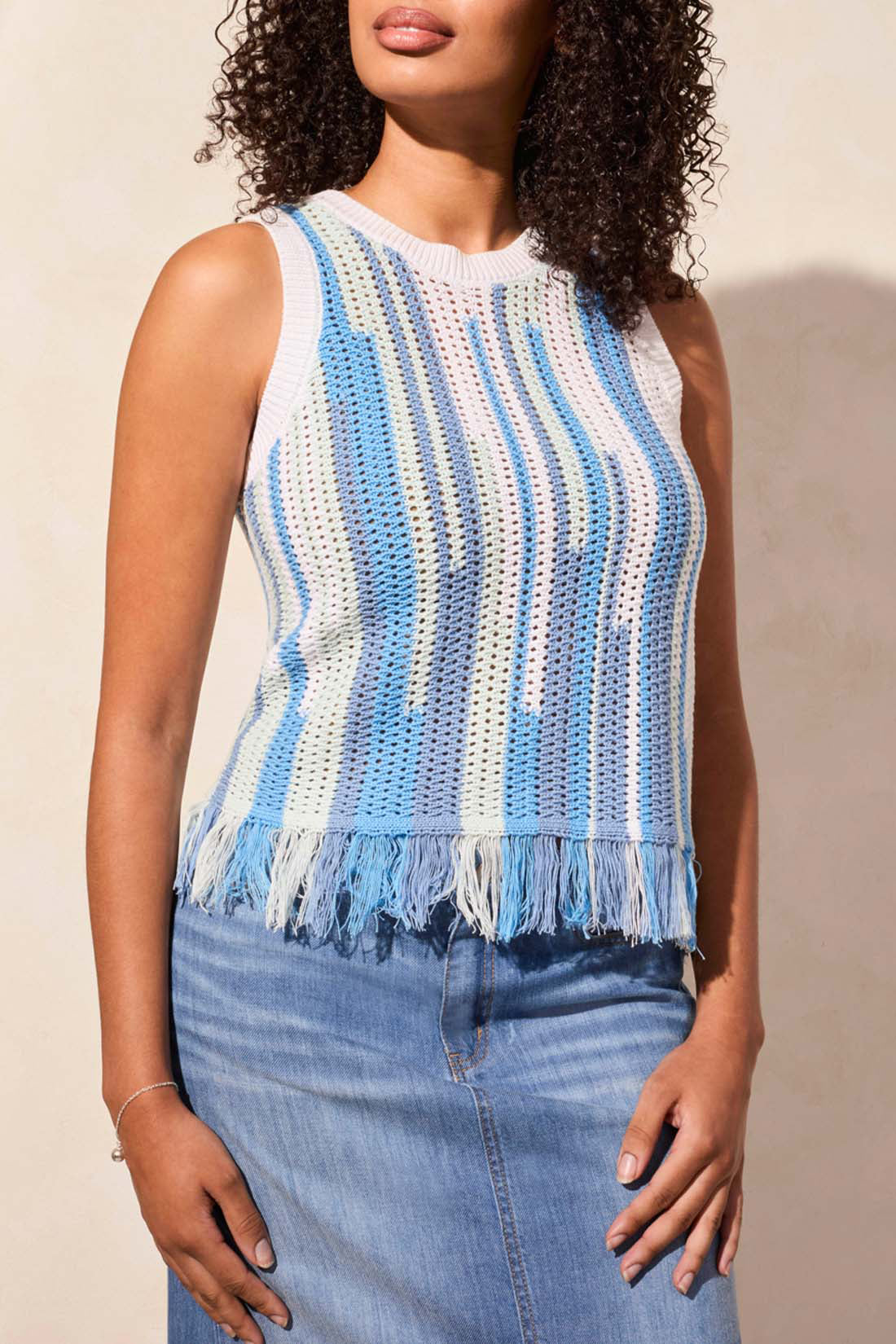 Tribal Crew Neck Fringed Hem Sweater Cami