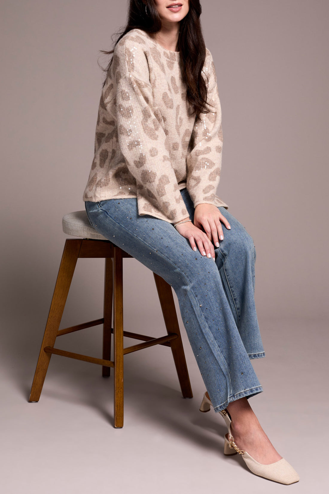 Tribal Long Sleeve Crew Neck Sweater W/ Sequins