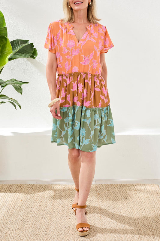 Tribal Short Sleeve Tiered Dress W/ Lining