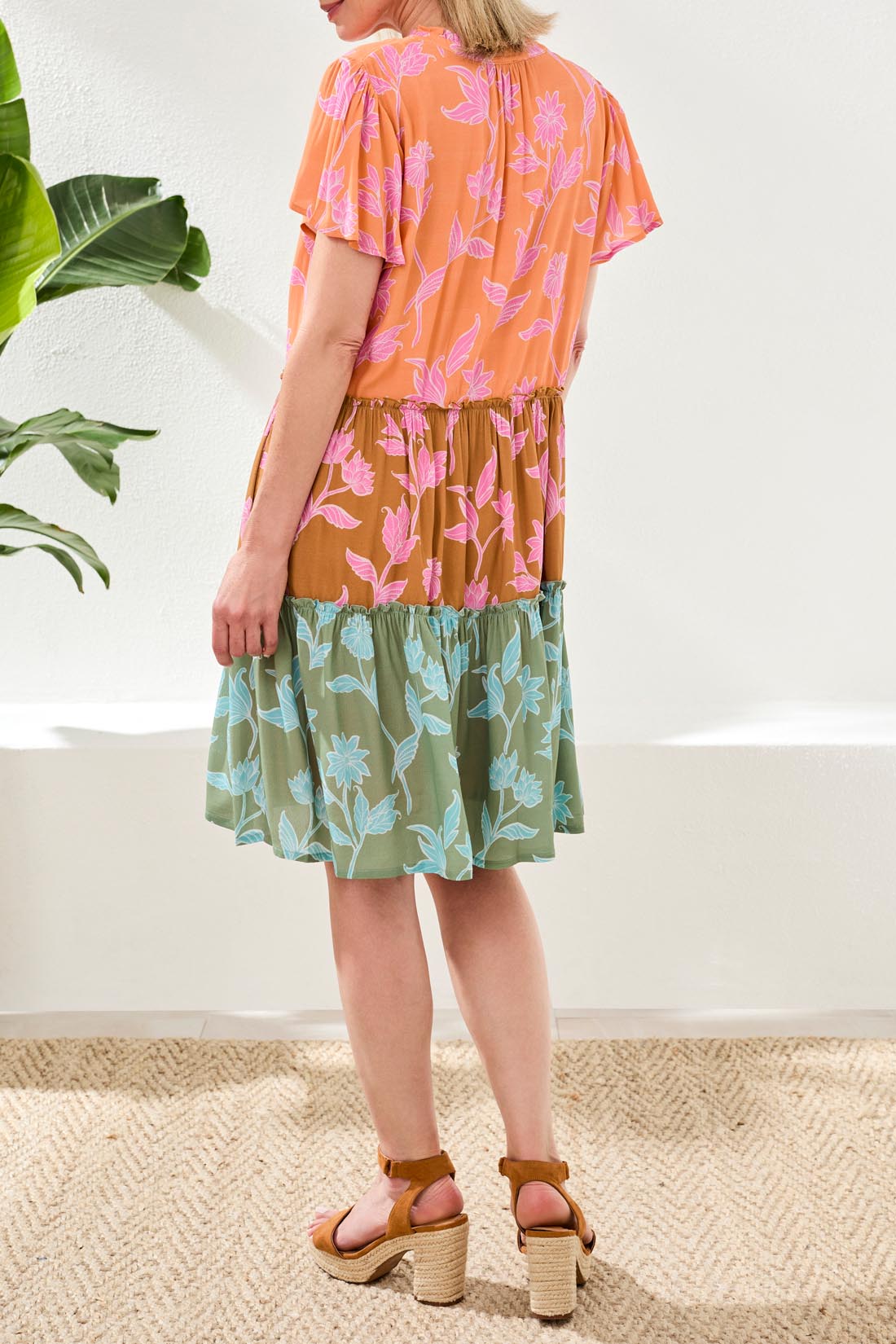 Tribal Short Sleeve Tiered Dress W/ Lining