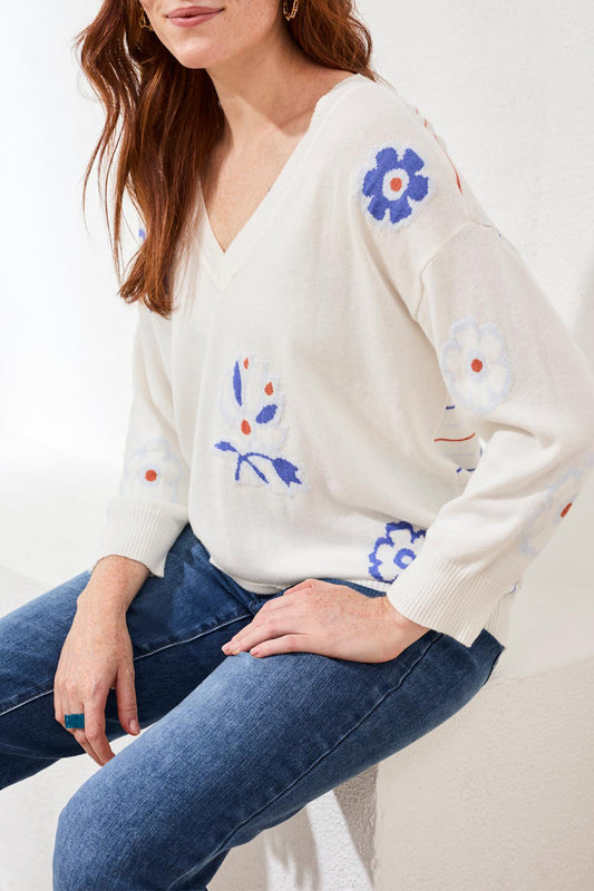 Tribal 3/4 Sleeve V Neck Sweater