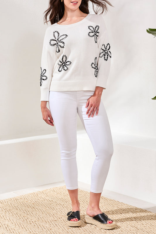 Tribal 3/4 Sleeve Crew Neck Sweater With Embroidery