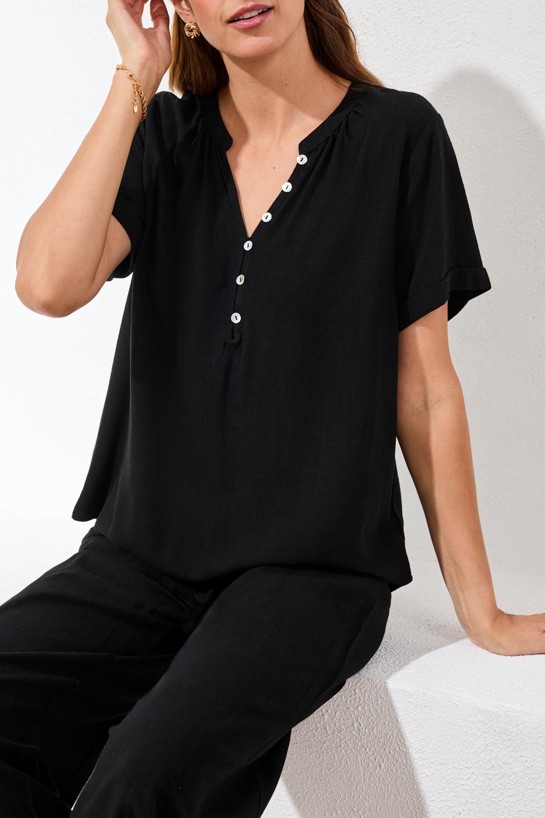 Tribal Linen Notch Neck Relaxed Fit Top
