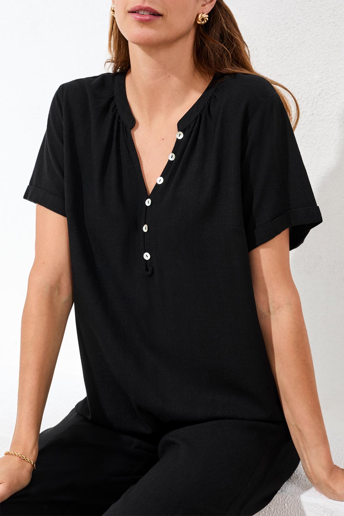 Tribal Linen Notch Neck Relaxed Fit Top